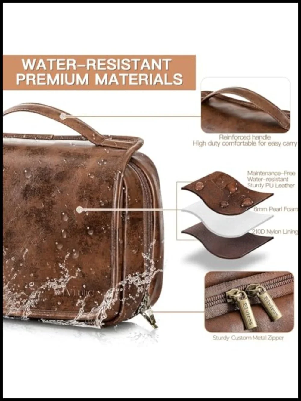 Elviros Hanging Toiletry Bag with Removable Compartments, PU Leather, Dark Brown